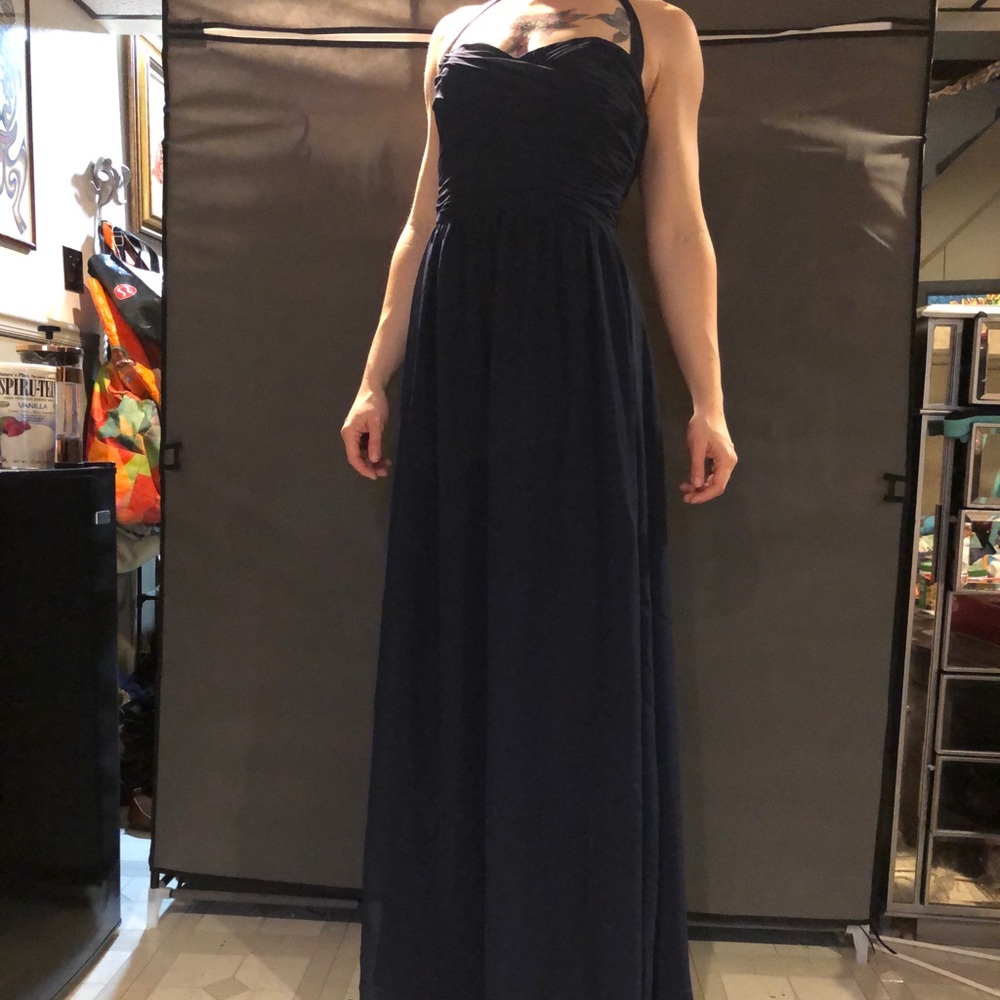 Navy Halter Tie Neck Evening Gown